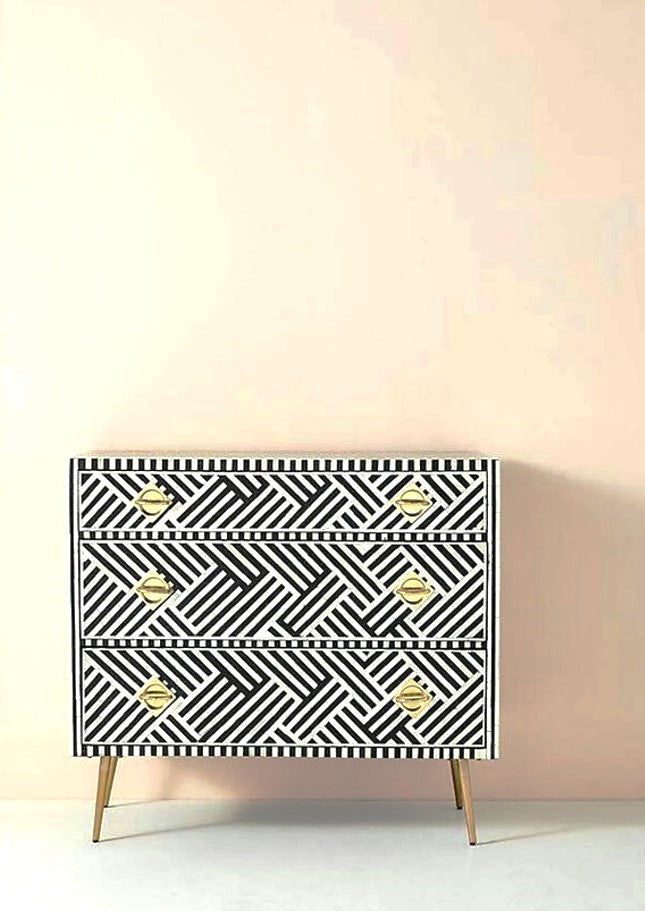 Bone Inlay Handmade 3 Drawer Black and white Entryway / Bedside