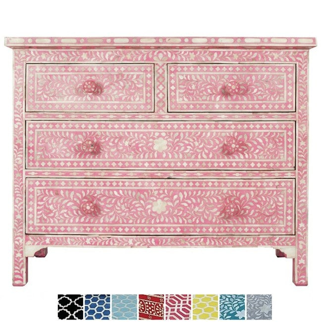 Cómoda de 4 cajones con incrustaciones de hueso y diseño floral
