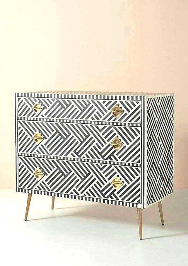 Bone Inlay Handmade 3 Drawer Black and white Entryway / Bedside