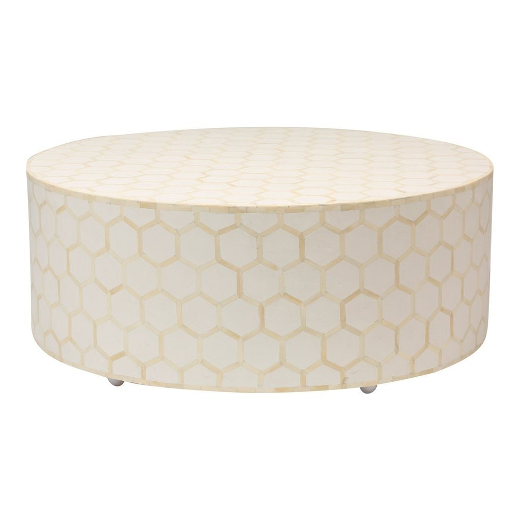 Mesa de centro redonda con diseño de panal y incrustaciones de hueso