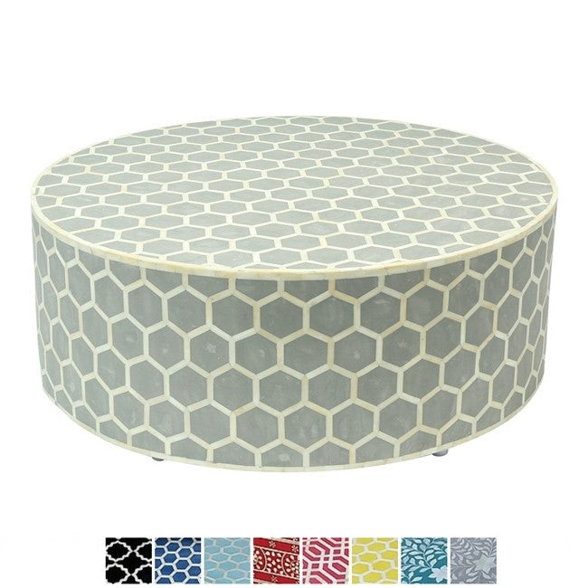 Mesa de centro redonda con diseño de panal y incrustaciones de hueso