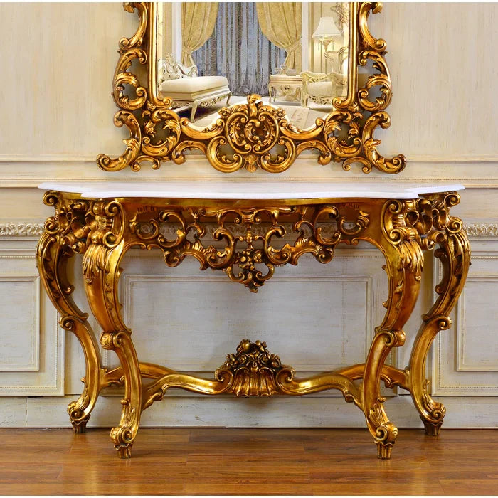 Majestic Hand Carved Solid Mango Wood Console Table and Mirror Set