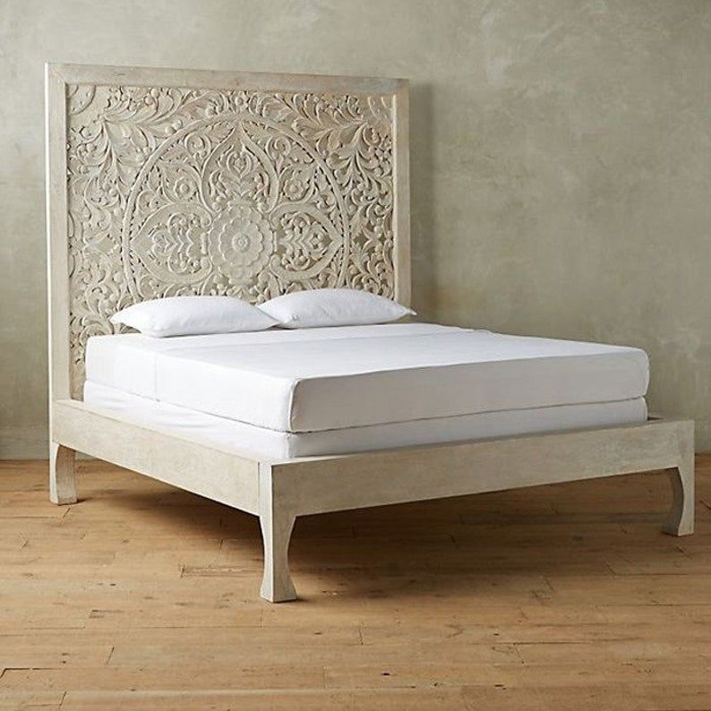 Dynasty hand carved Indian Solid wooden bed frame White