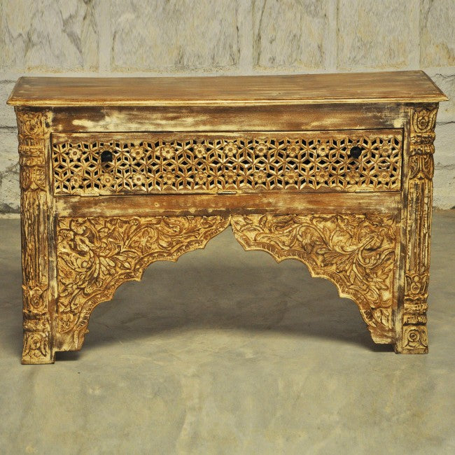 Mesa de recibidor tallada estilo Mehrab con un cajón