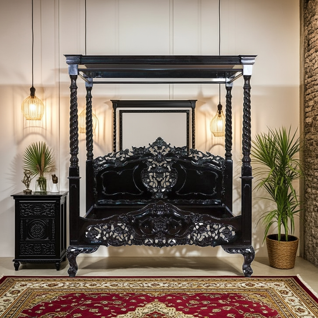 Kabak Gothic Hand Carved Solid Wooden Canopy Bed