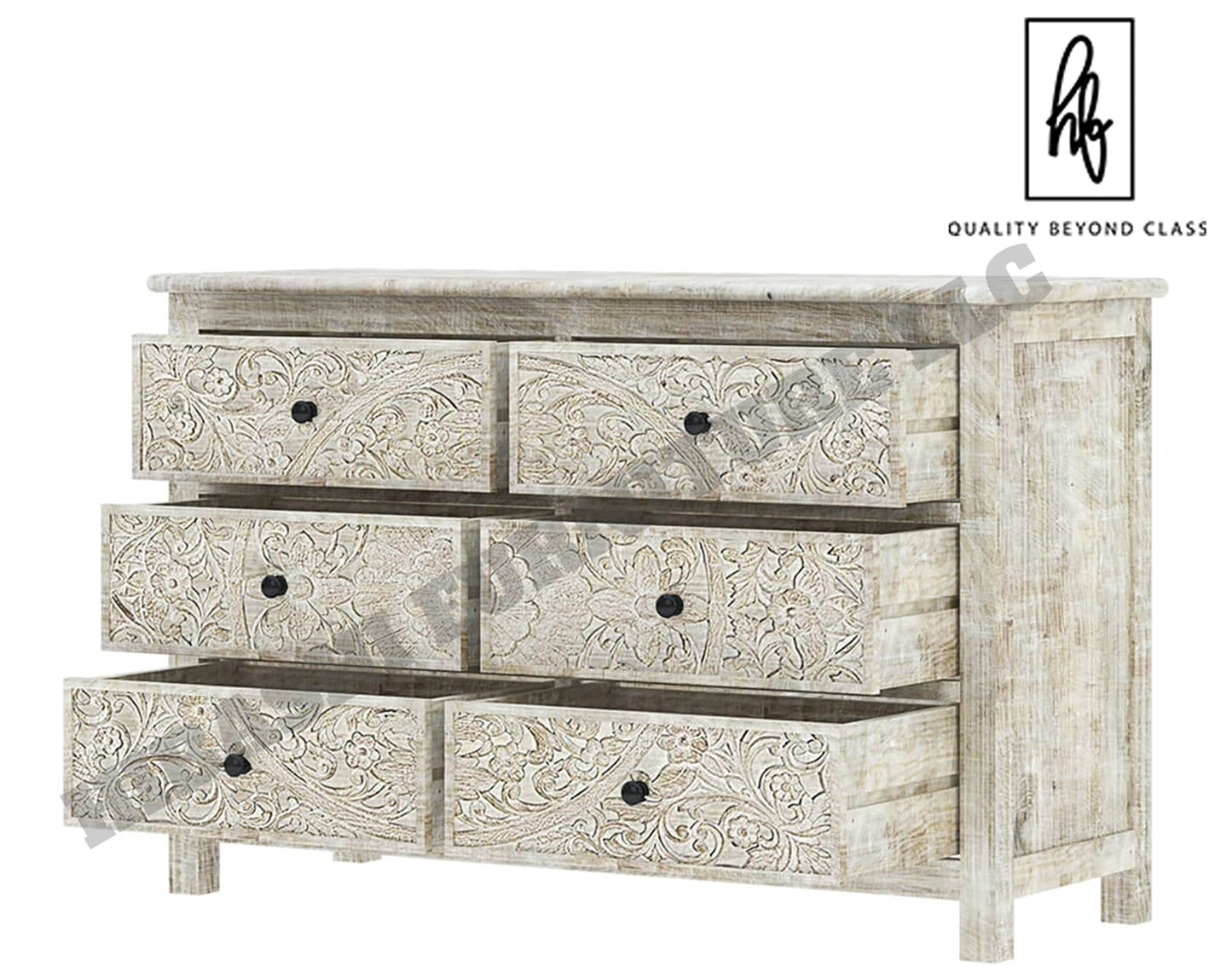 Sunflower Handcarved Solid Wood 6 Drawer White Bedroom Dresser