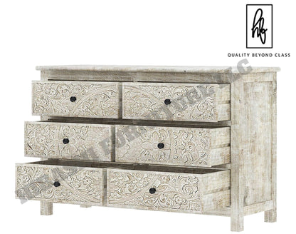 Sunflower Handcarved Solid Wood 6 Drawer White Bedroom Dresser