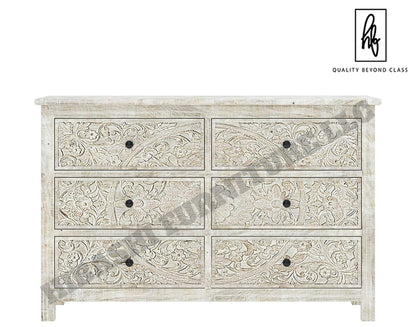 Sunflower Handcarved Solid Wood 6 Drawer White Bedroom Dresser