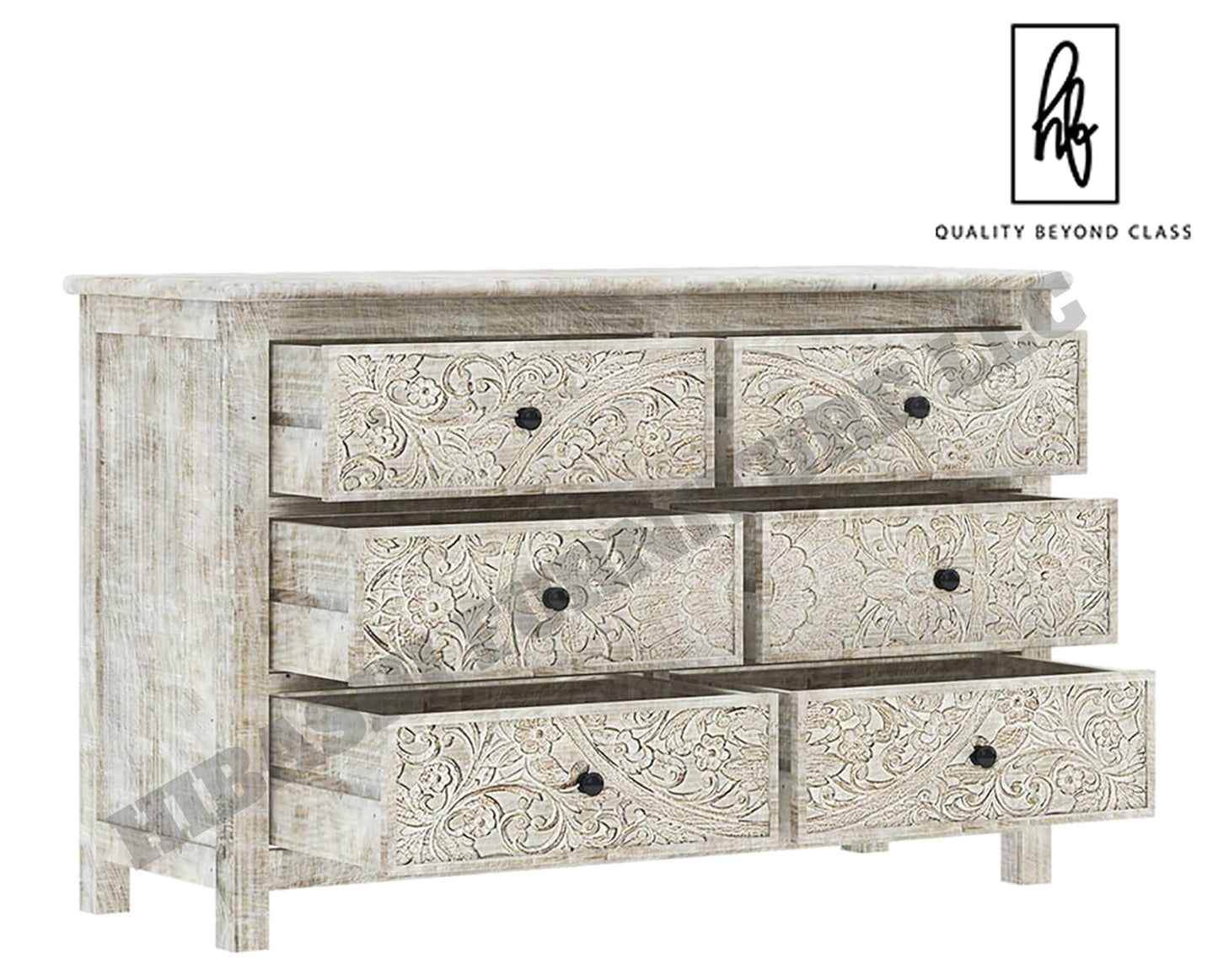 Sunflower Handcarved Solid Wood 6 Drawer White Bedroom Dresser