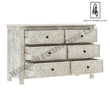 Sunflower Handcarved Solid Wood 6 Drawer White Bedroom Dresser