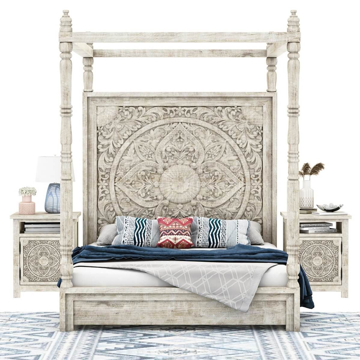 Ilano Weathered Hand-carved Solid Mango Wood Canopy Platform Bed