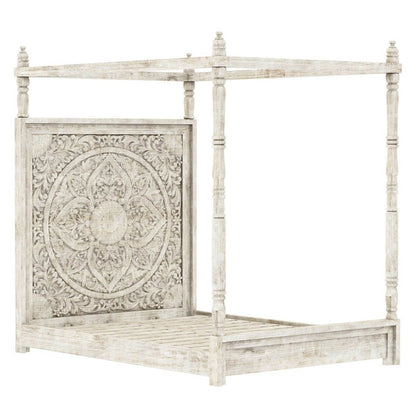 Ilano Weathered Hand-carved Solid Mango Wood Canopy Platform Bed