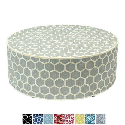 Mesa de centro redonda con diseño de panal y incrustaciones de hueso