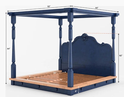 RECTO Two Tone Solid Wood Hand Carved Headboard Platform Canopy Bed