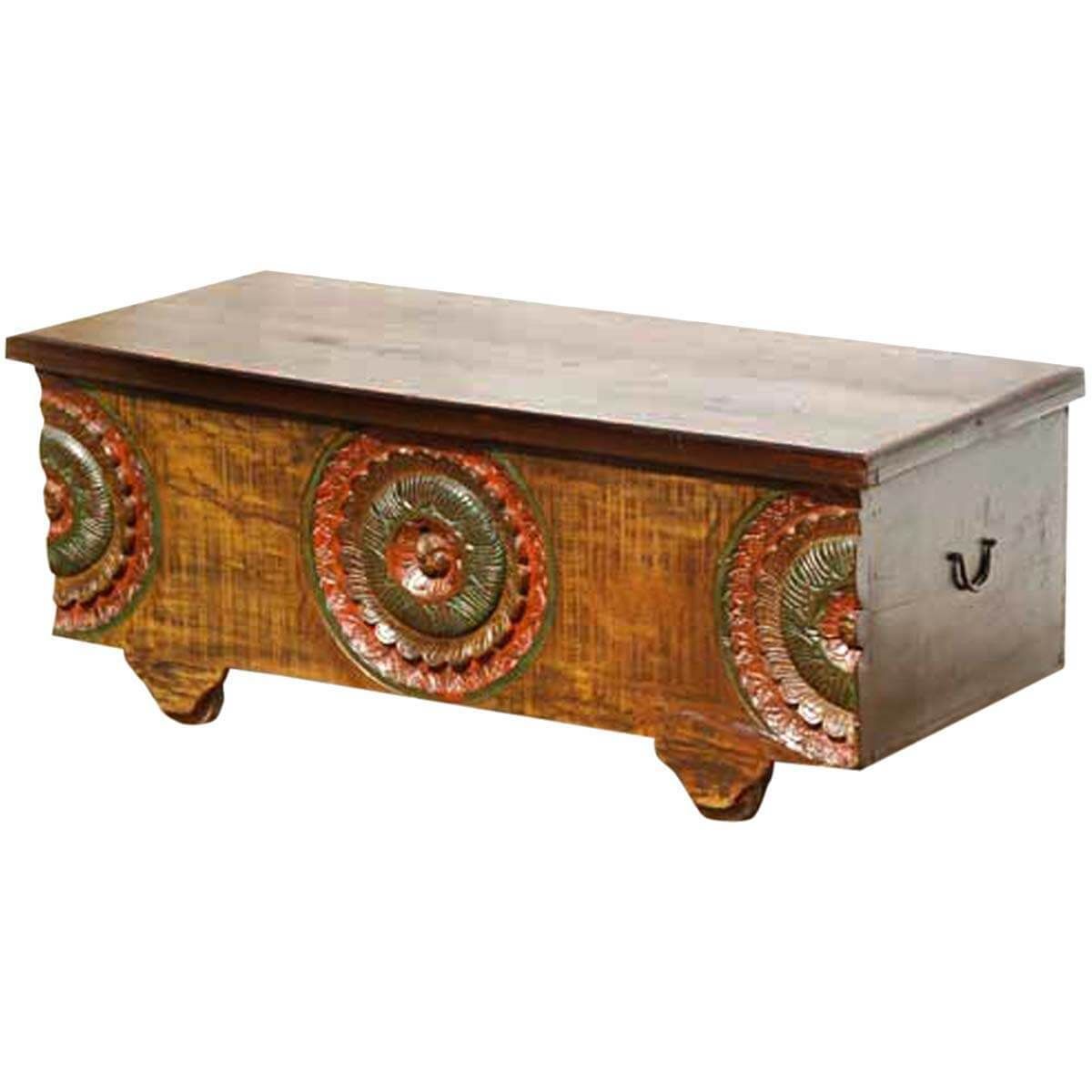 MIYA Antique Style Carved Wood Storage Trunk Coffee Table