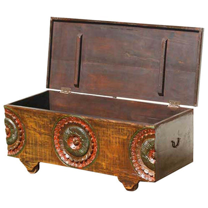 MIYA Antique Style Carved Wood Storage Trunk Coffee Table