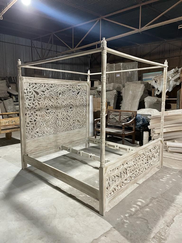 Indian Hand Carved wooden High Headboard Canopy Bed Frame