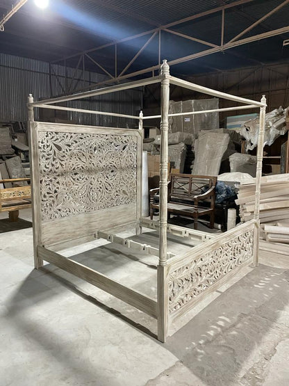 Indian Hand Carved wooden High Headboard Canopy Bed Frame