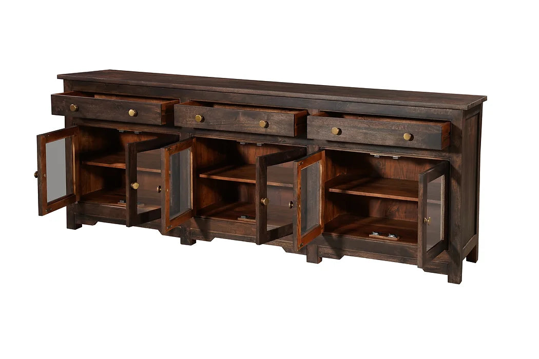 Classic Hand carved 3 Drawer and Glass Cabinet Sideboard