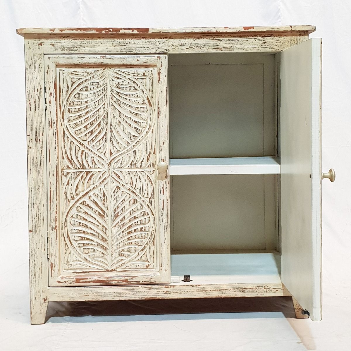 Leaf Design Hand Carved Solid Wooden Cabinet, Storage Sideboard