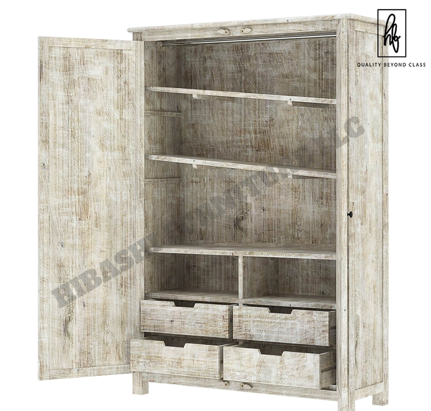 Sunflower Hand carved Solid Wood Large White Wardrobe Armoire