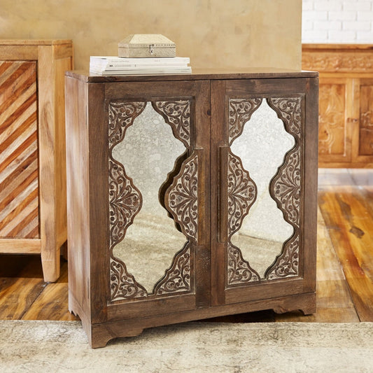 French Arched Carved Mirror Door Sideboard Honey