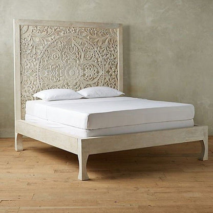 Dynasty hand carved Indian Solid wooden bed frame White