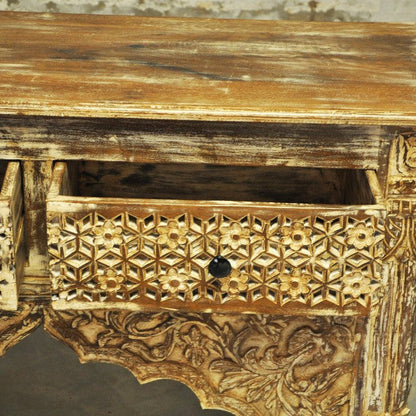 Consola/Mesa de recibidor tallada estilo Mehrab con cajones - Lavado crema
