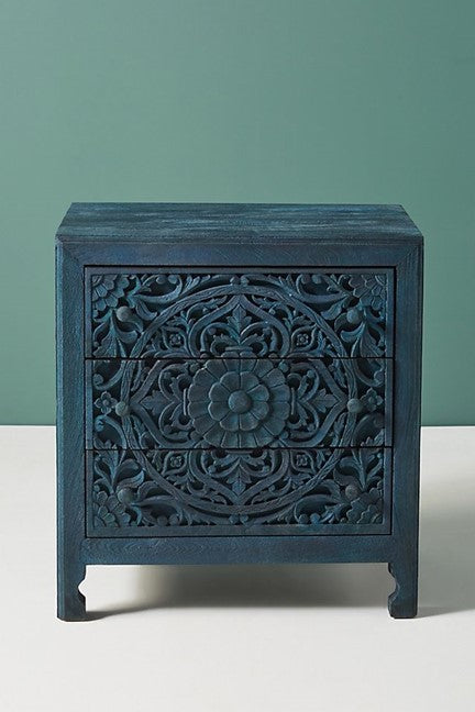 Mesita de noche de madera hecha a mano de Lombok / Mesita de noche con flores talladas a mano