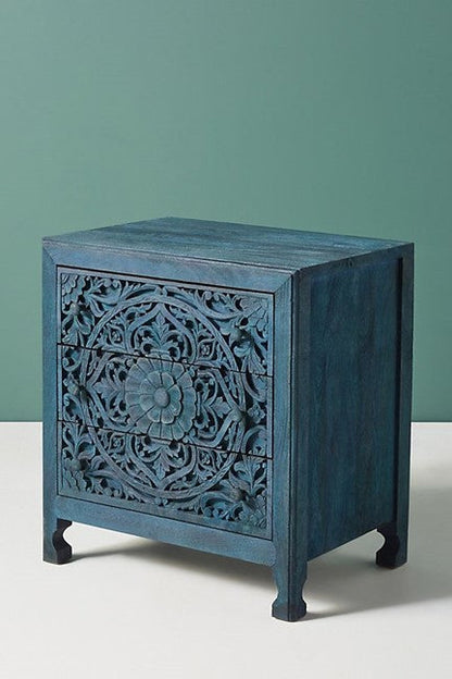 Mesita de noche de madera hecha a mano de Lombok / Mesita de noche con flores talladas a mano