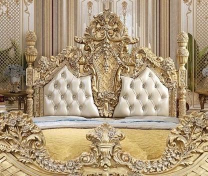 REYNA Metallic Antique Gold & Faux Leather King/Queen Traditional Bed