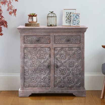 BATAAN Hand-carved Solid Wood Vintage 2 Drawer Rustic Storage Cabinet