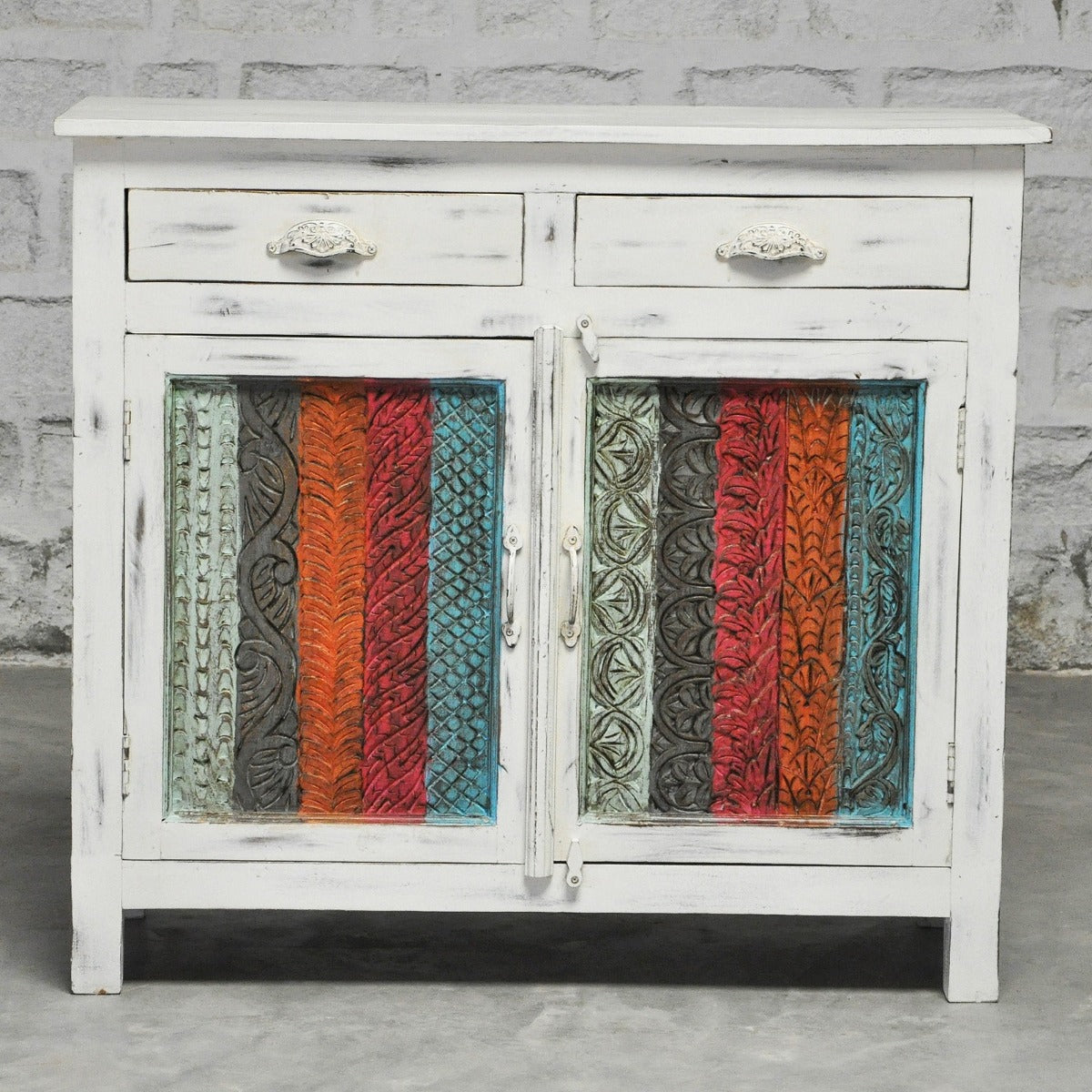 Rainbow Carved 2 Door Wooden Sideboard White Wash