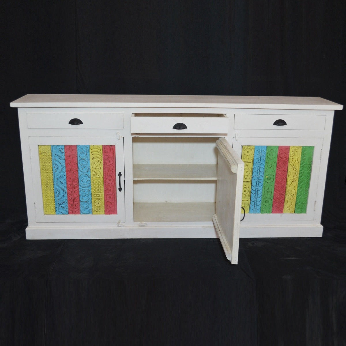 Rainbow Carved 3 Door Wooden Sideboard White 180-40-90