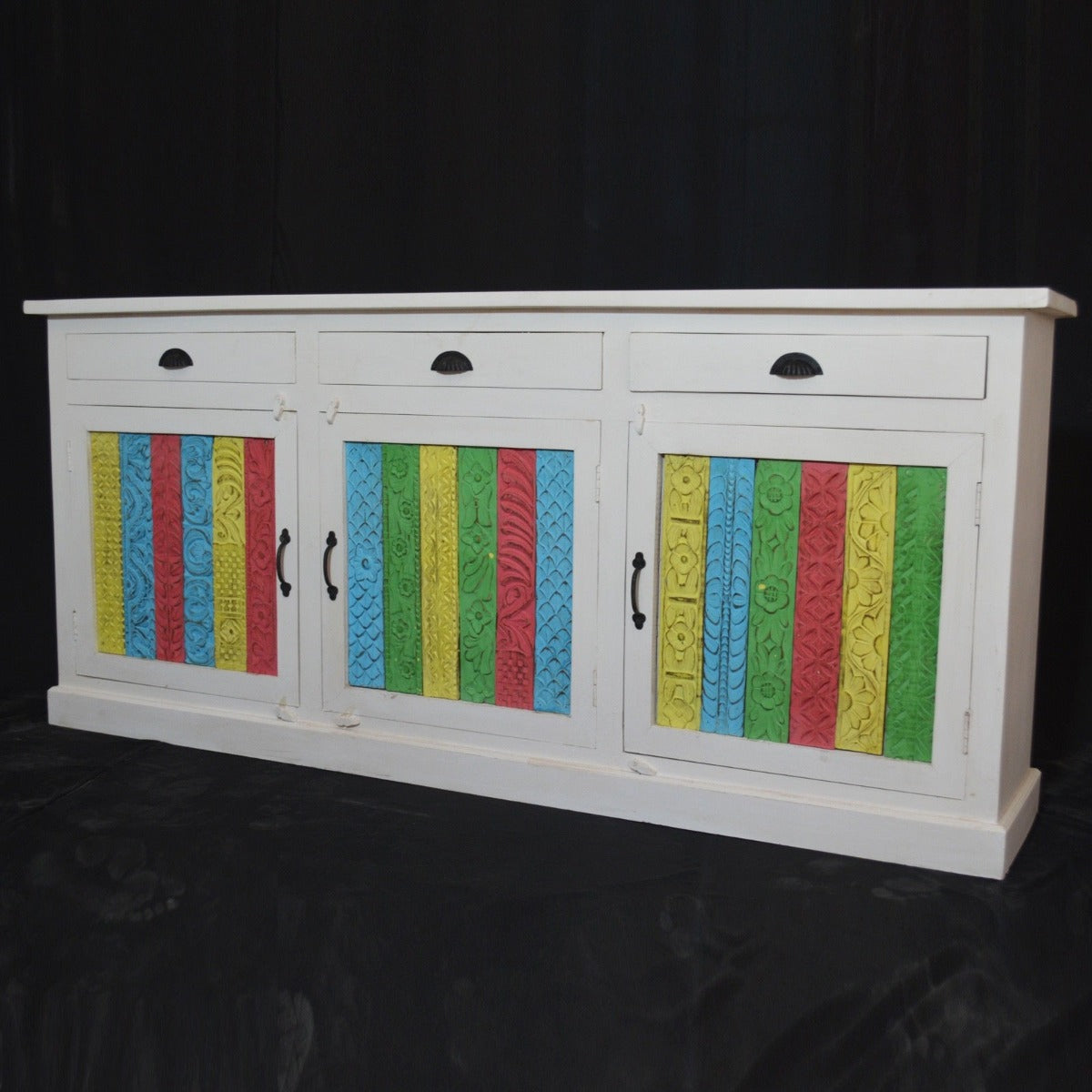 Rainbow Carved 3 Door Wooden Sideboard White 180-40-90