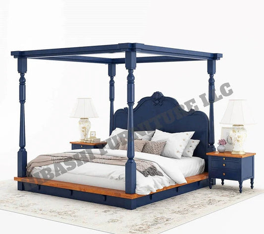 RECTO Two Tone Solid Wood Hand Carved Headboard Platform Canopy Bed