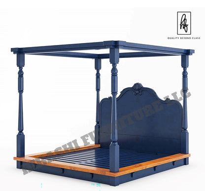 RECTO Two Tone Solid Wood Hand Carved Headboard Platform Canopy Bed