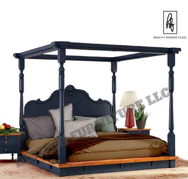RECTO Two Tone Solid Wood Hand Carved Headboard Platform Canopy Bed