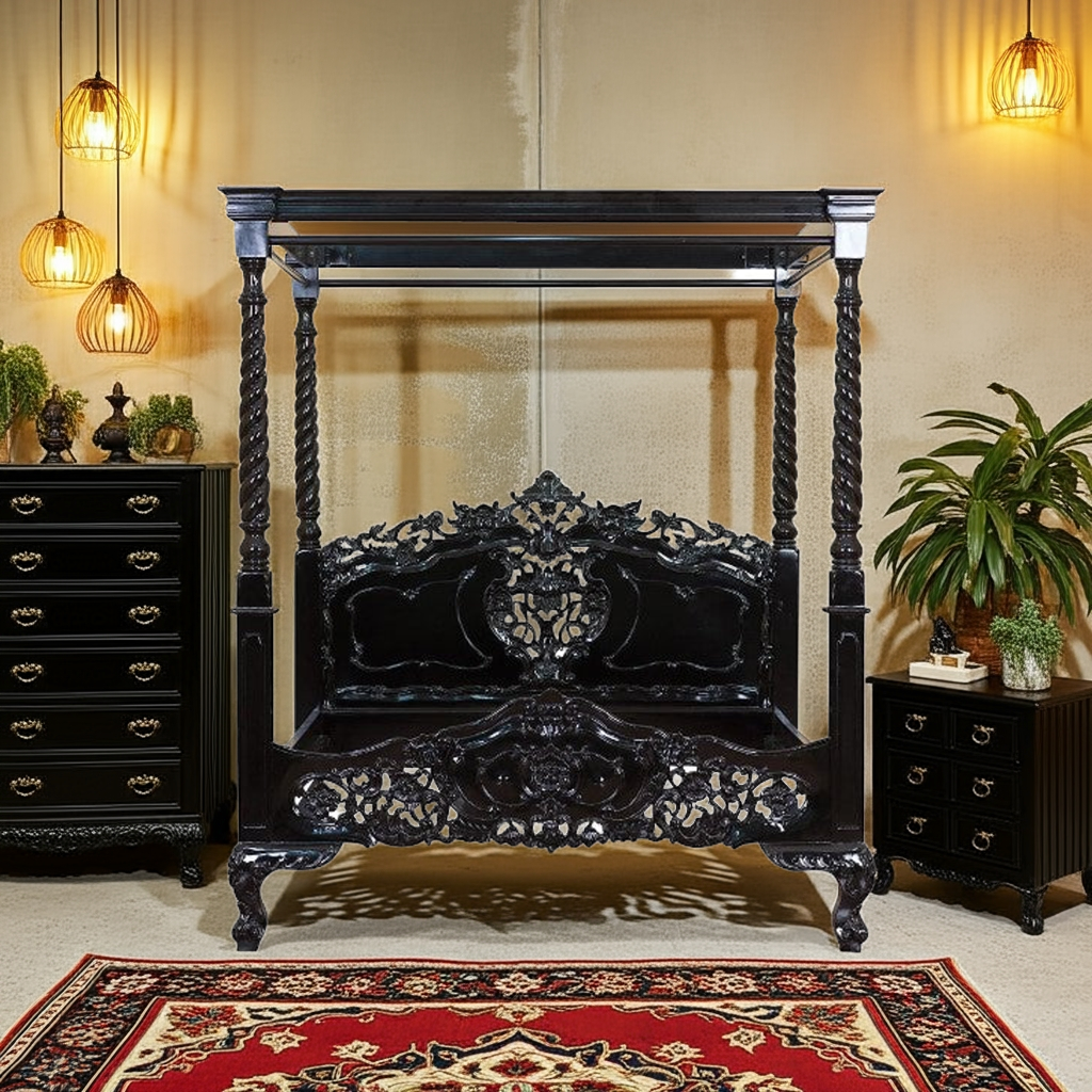 Kabak Gothic Hand Carved Solid Wooden Canopy Bed