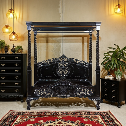 Kabak Gothic Hand Carved Solid Wooden Canopy Bed