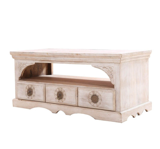 AKAP White Solid Wood 3 Drawer Media Cabinet